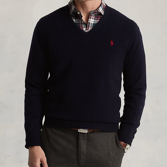 POLO Ralph Lauren 100% Lambswool V-Neck Sweater in Hunter Navy - Picture 1 of 4